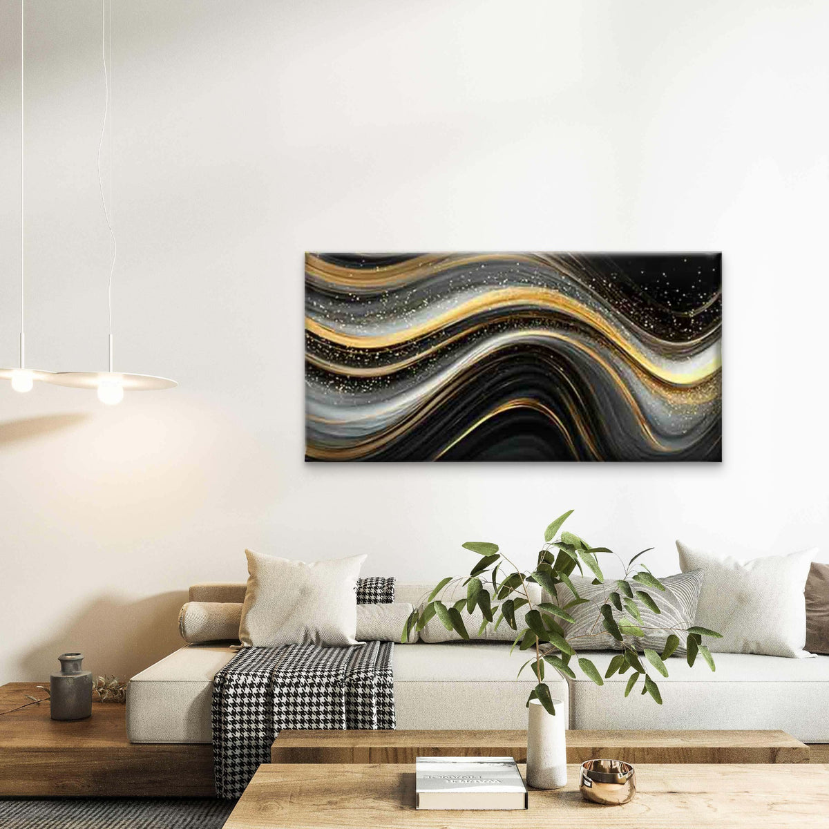 Liquid Flow Black & Golden Wall Art Canvas Office Home Room Framed 120x60cm