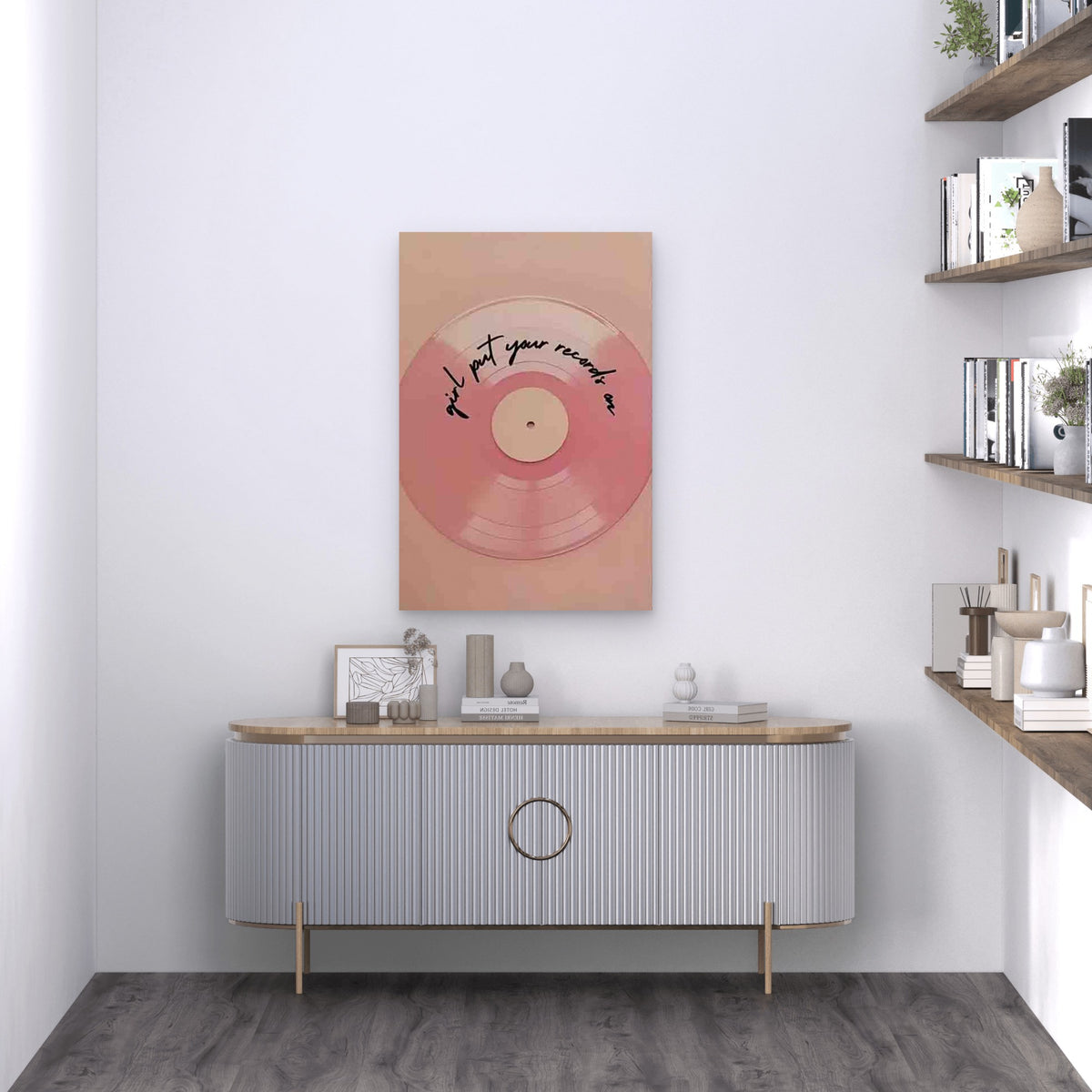 Pink Retro Vinyl Record Player Metal Print Ready to Hang