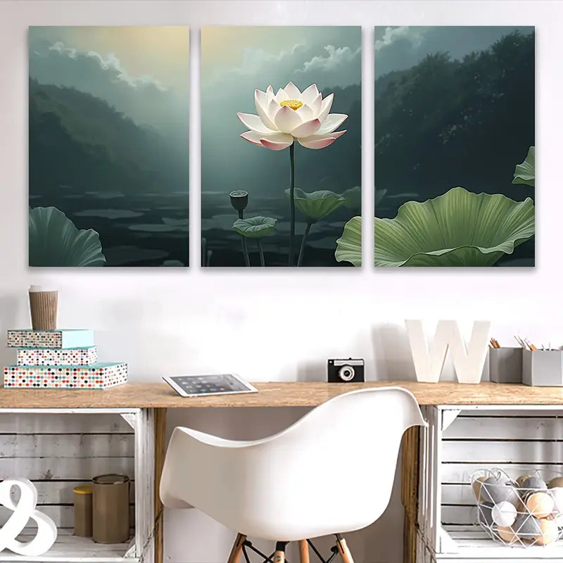 3pcs Lotus Flower & Lily Pads Nature Decor Wall Art Set Canvas Framed 60x90cm - High Quality Print 100% Australian Made Wall Canvas Ready to Hang