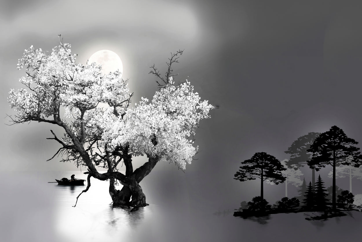 Black And White Lake Night Moon Sky Wall Art Decor 100% Australian Made