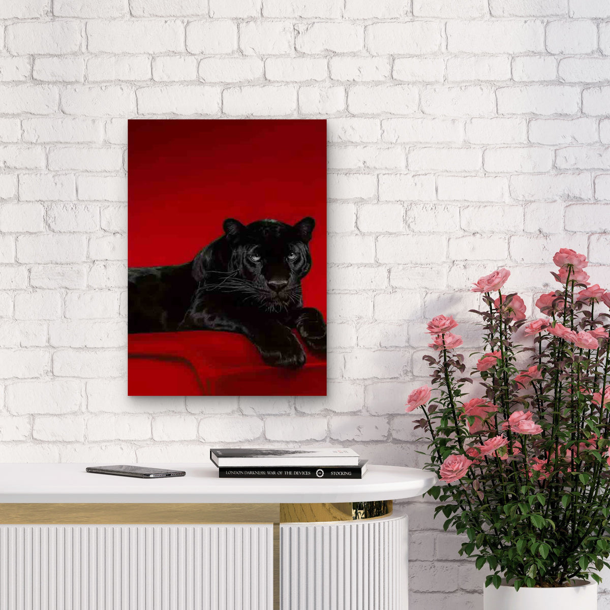 Black Panther on a Red Background Metal Print Ready to Hang