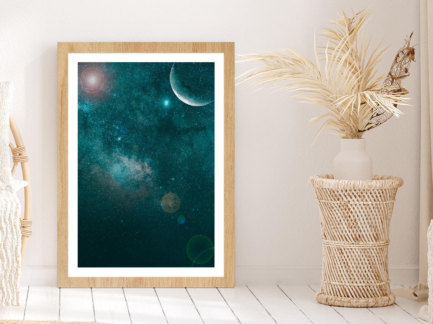Milky Way Night Sky Clouds & Moon Glass Framed Wall Art, Ready to Hang Quality Print With White Border Oak