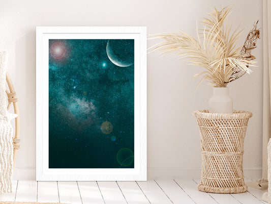 Milky Way Night Sky Clouds & Moon Glass Framed Wall Art, Ready to Hang Quality Print With White Border White