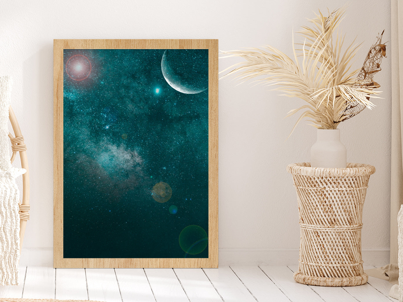 Milky Way Night Sky Clouds & Moon Glass Framed Wall Art, Ready to Hang Quality Print Without White Border Oak