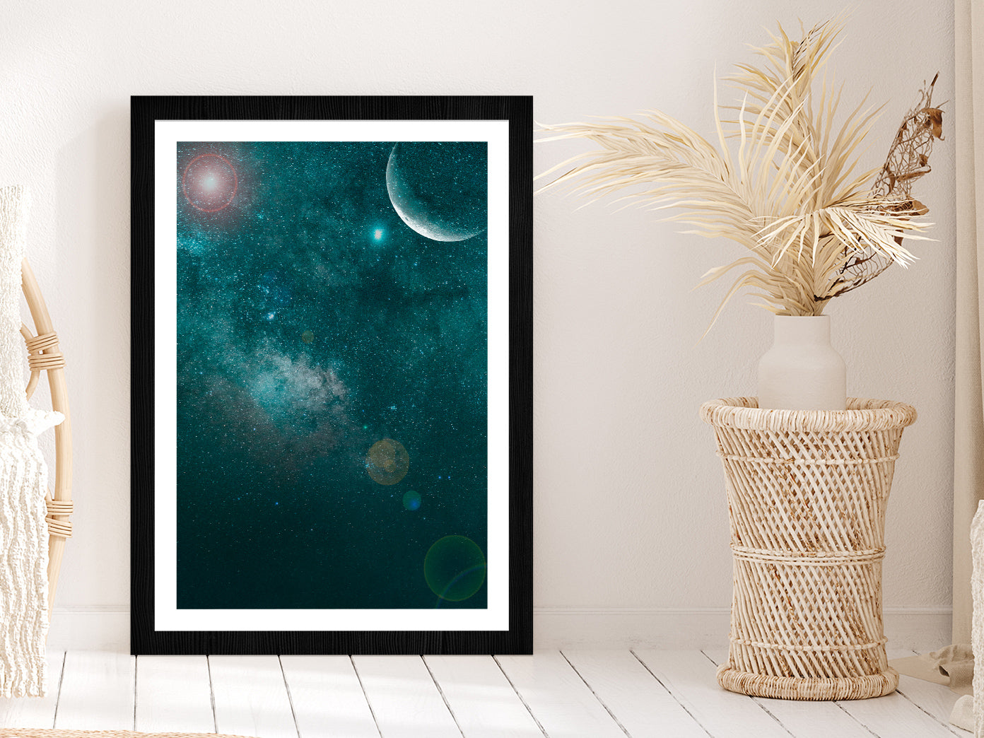 Milky Way Night Sky Clouds & Moon Glass Framed Wall Art, Ready to Hang Quality Print With White Border Black