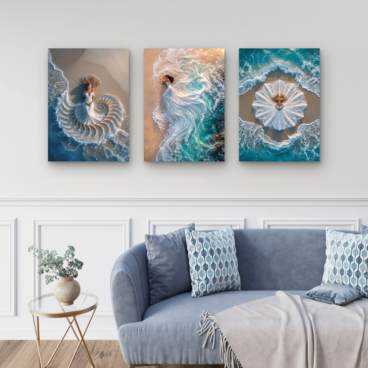 3pcs Ethereal Bridal Gown Ocean Waves Beach Aerial Photography Wall Art Set Canvas Framed 60x90cm - High Quality Print 100% Australian Made Wall Canvas Ready to Hang