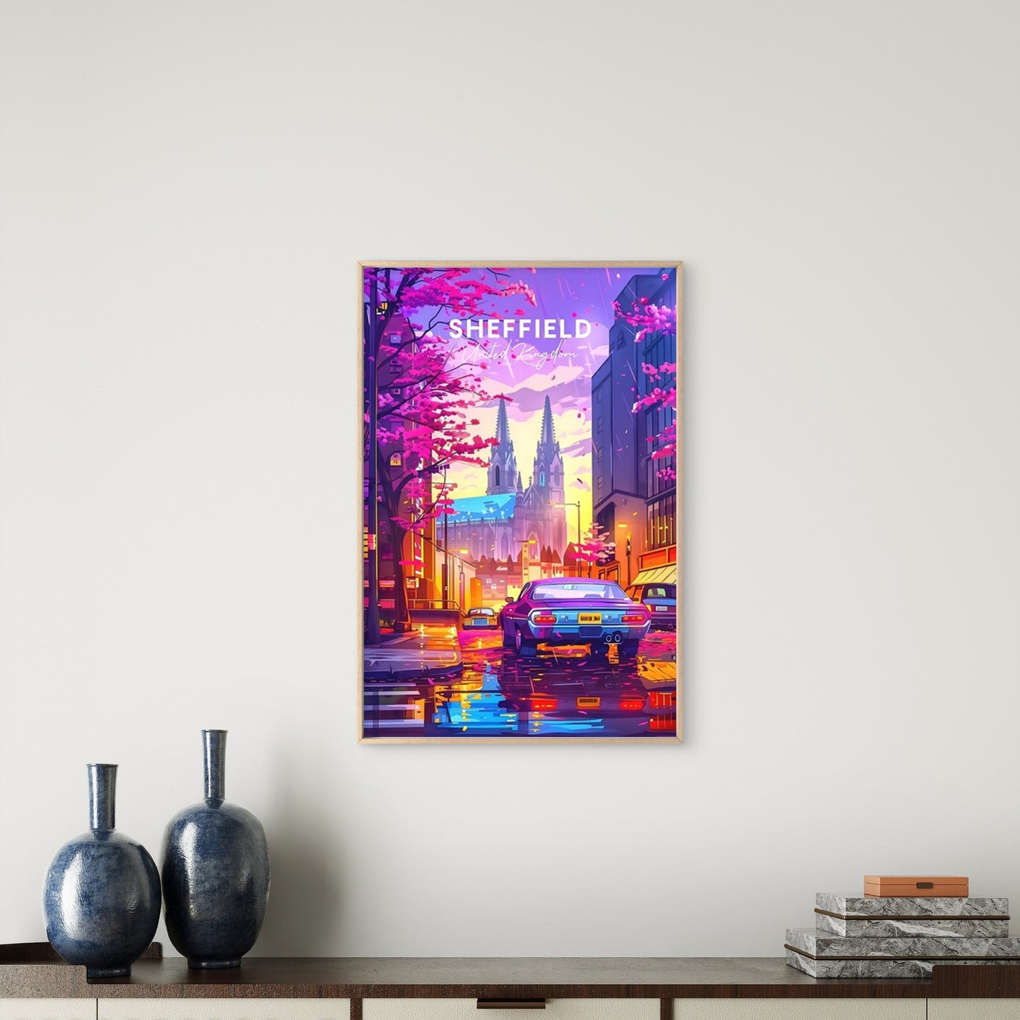 Sheffield England Pink Cherry Blossom Trees Travel Poster Print Wall Art