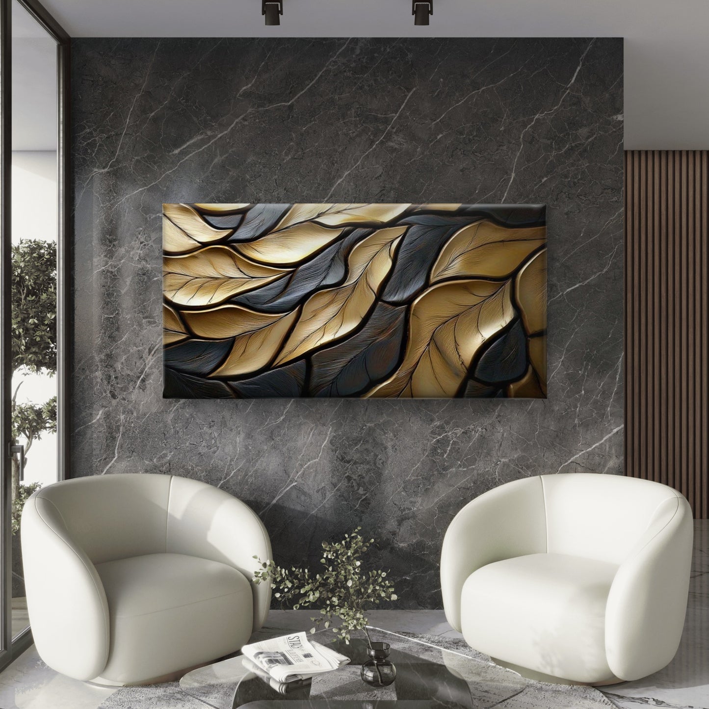 Modern Abstract Golden Leaves Wall Art Canvas Office Home Room Framed 120x60cm