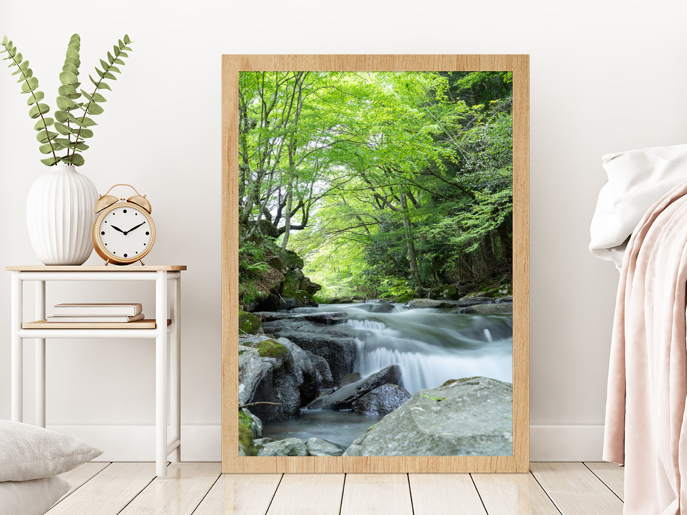 Rocky Riverside With Forest Glass Framed Wall Art, Ready to Hang Quality Print Without White Border Oak