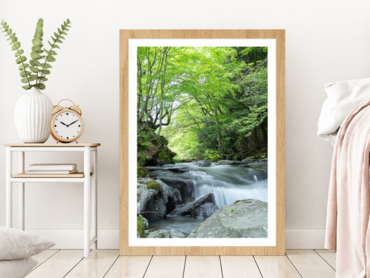 Rocky Riverside With Forest Glass Framed Wall Art, Ready to Hang Quality Print With White Border Oak