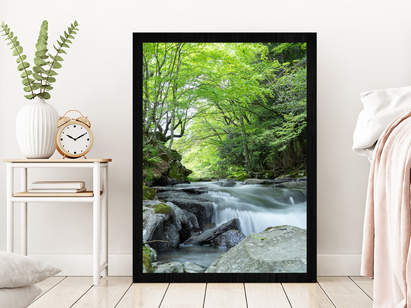 Rocky Riverside With Forest Glass Framed Wall Art, Ready to Hang Quality Print Without White Border Black