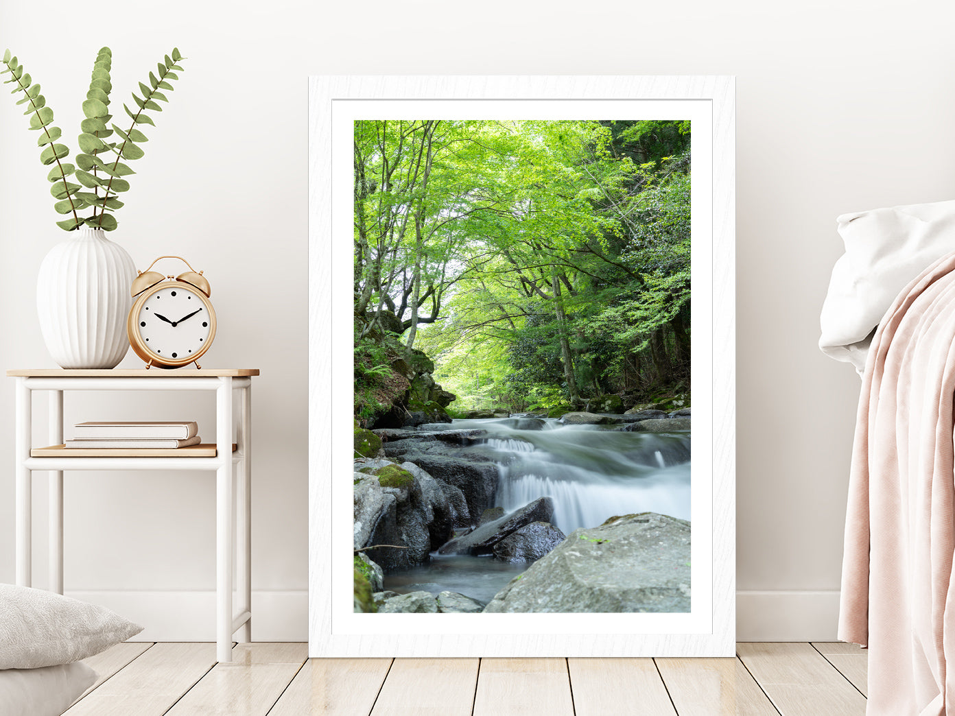 Rocky Riverside With Forest Glass Framed Wall Art, Ready to Hang Quality Print With White Border White