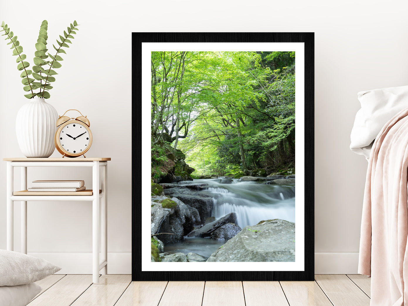 Rocky Riverside With Forest Glass Framed Wall Art, Ready to Hang Quality Print With White Border Black