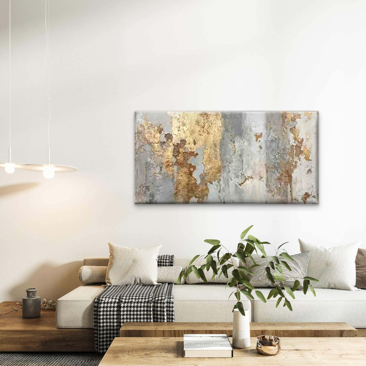 Weathered Golden Leaf Wall Art Canvas Office Home Room Framed 120x60cm