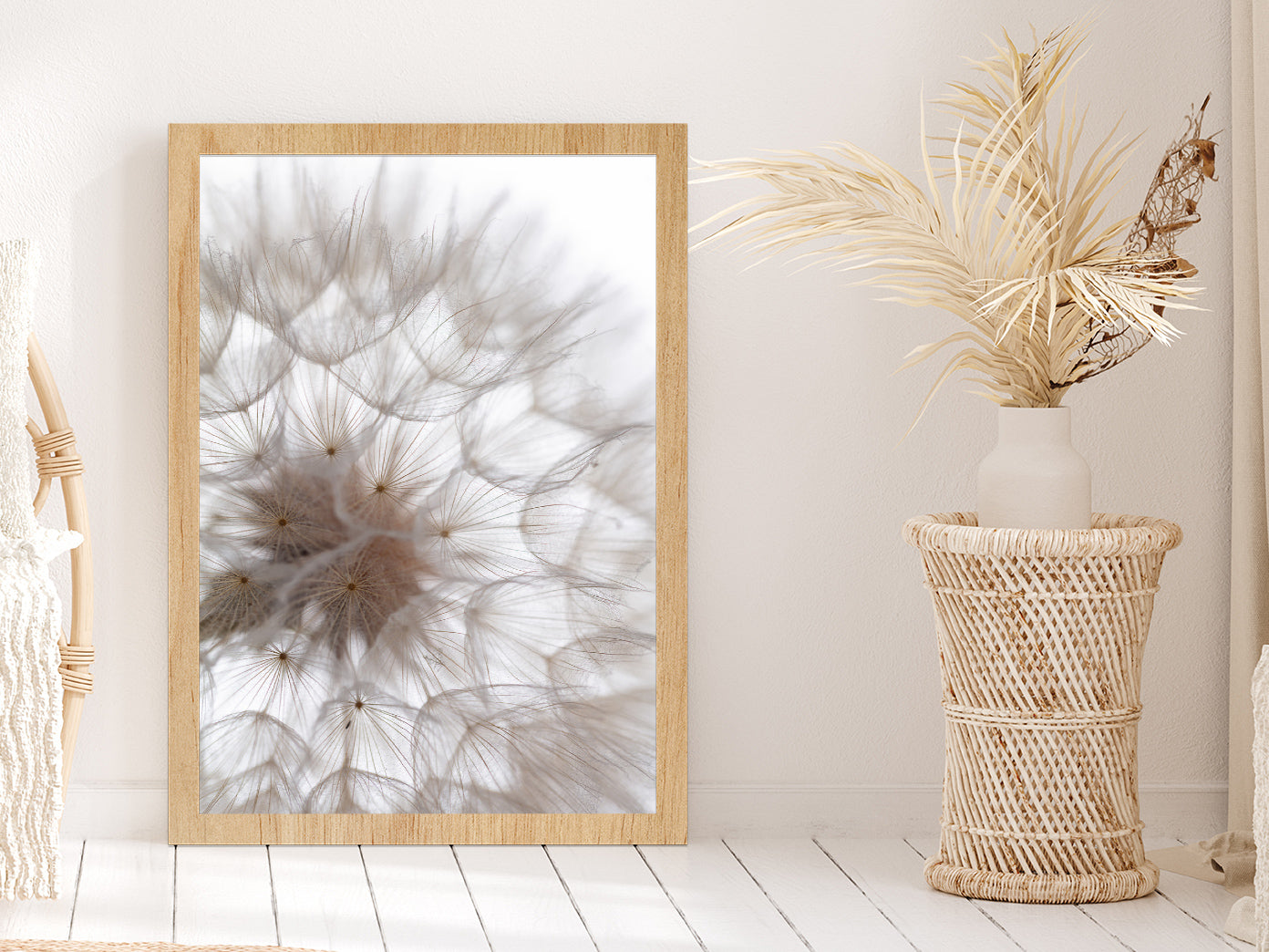 Dandelion Macro Flower Abstract Glass Framed Wall Art, Ready to Hang Quality Print Without White Border Oak