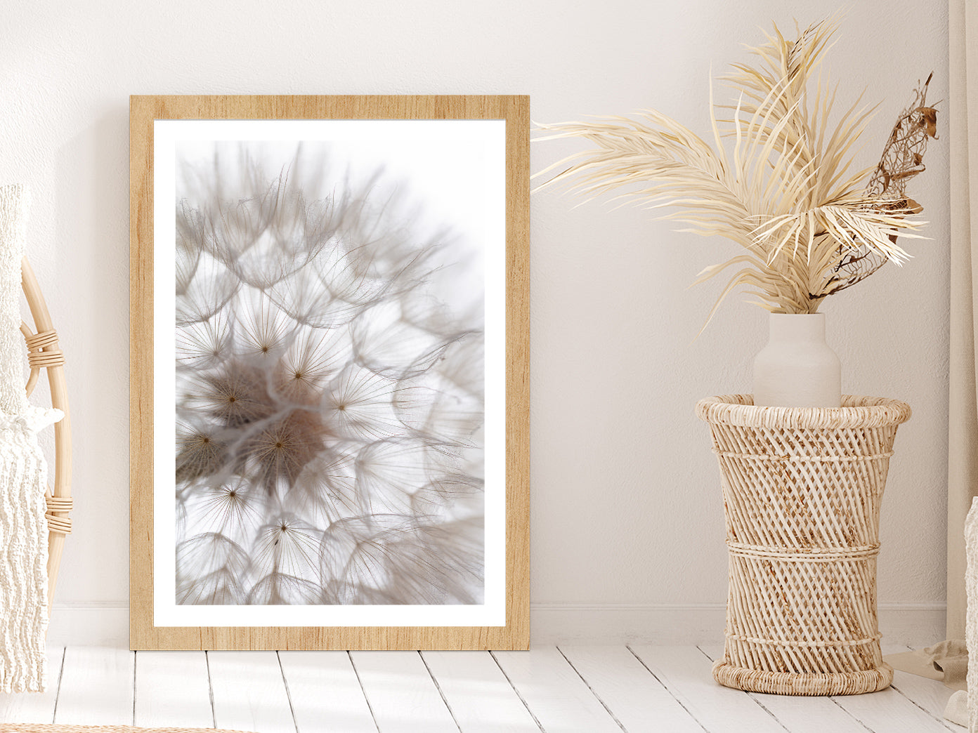 Dandelion Macro Flower Abstract Glass Framed Wall Art, Ready to Hang Quality Print With White Border Oak