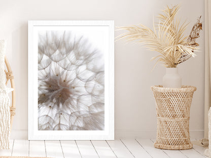 Dandelion Macro Flower Abstract Glass Framed Wall Art, Ready to Hang Quality Print With White Border White