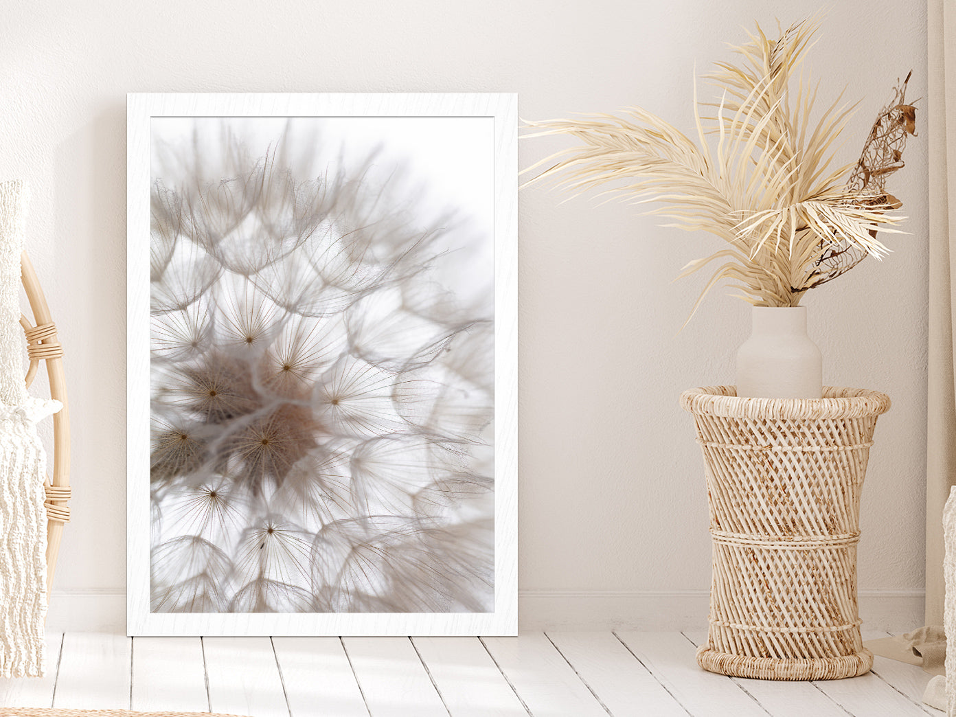 Dandelion Macro Flower Abstract Glass Framed Wall Art, Ready to Hang Quality Print Without White Border White