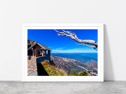 Hut On Top Of Mountain Blue Sky Glass Framed Wall Art, Ready to Hang Quality Print With White Border White
