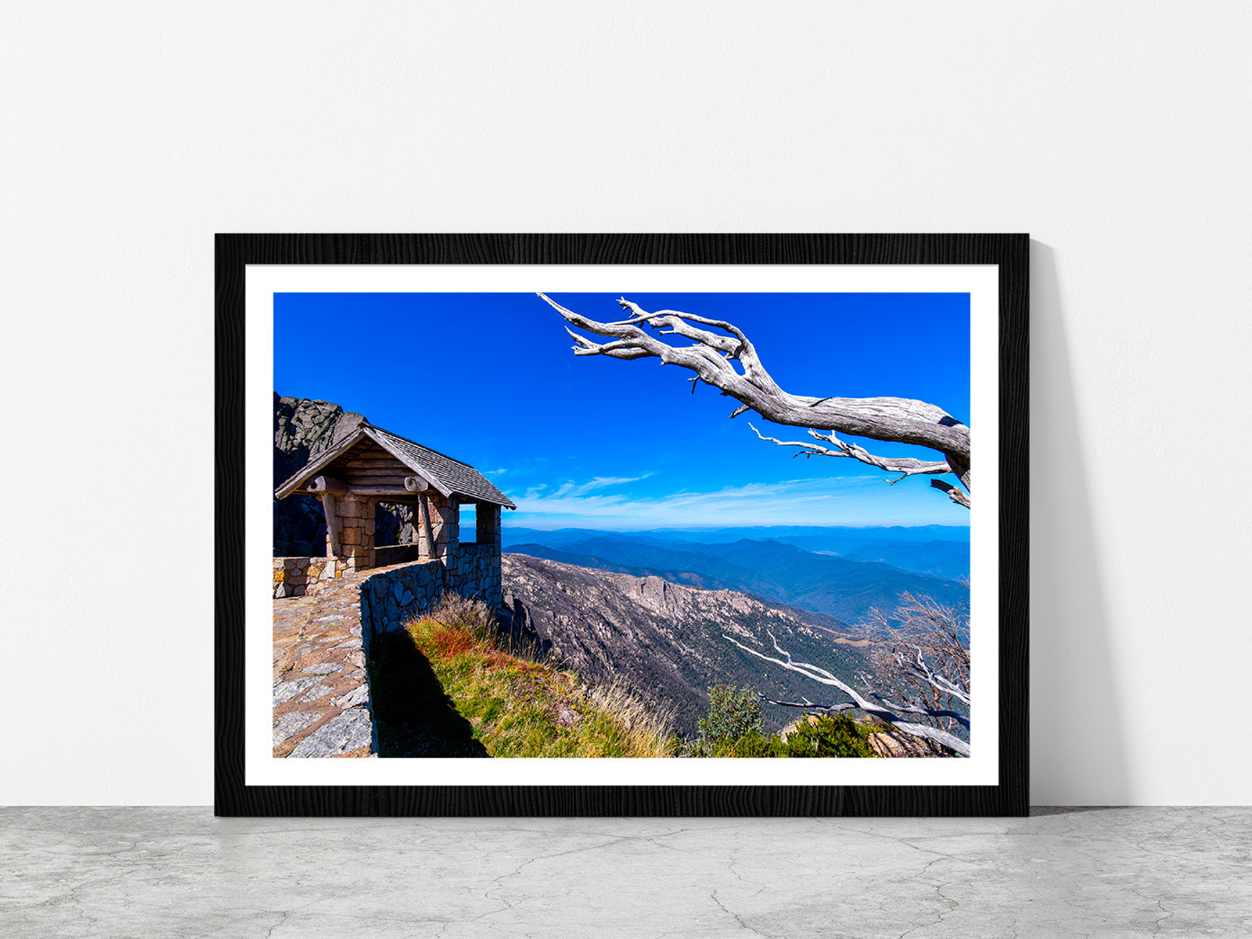 Hut On Top Of Mountain Blue Sky Glass Framed Wall Art, Ready to Hang Quality Print With White Border Black