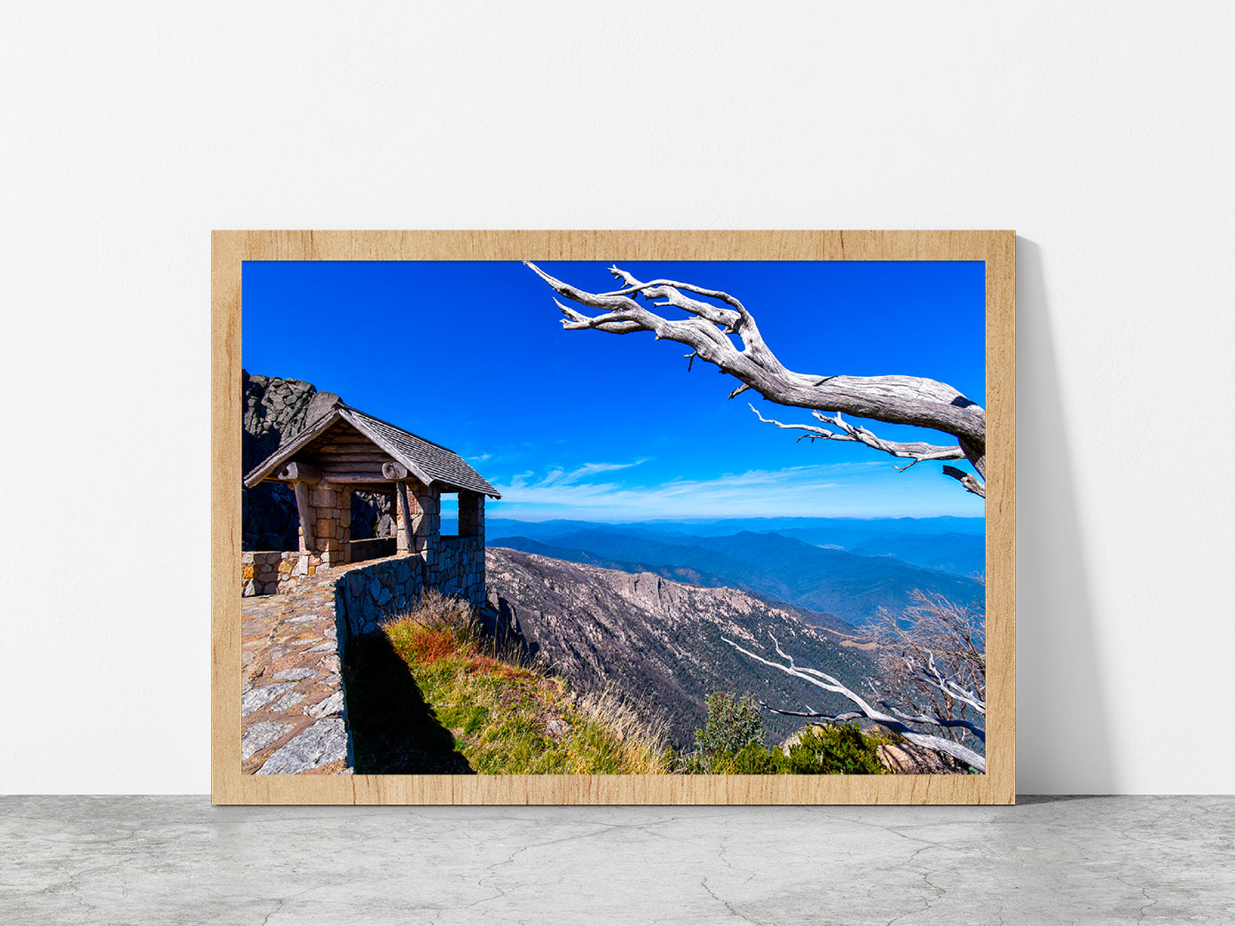 Hut On Top Of Mountain Blue Sky Glass Framed Wall Art, Ready to Hang Quality Print Without White Border Oak