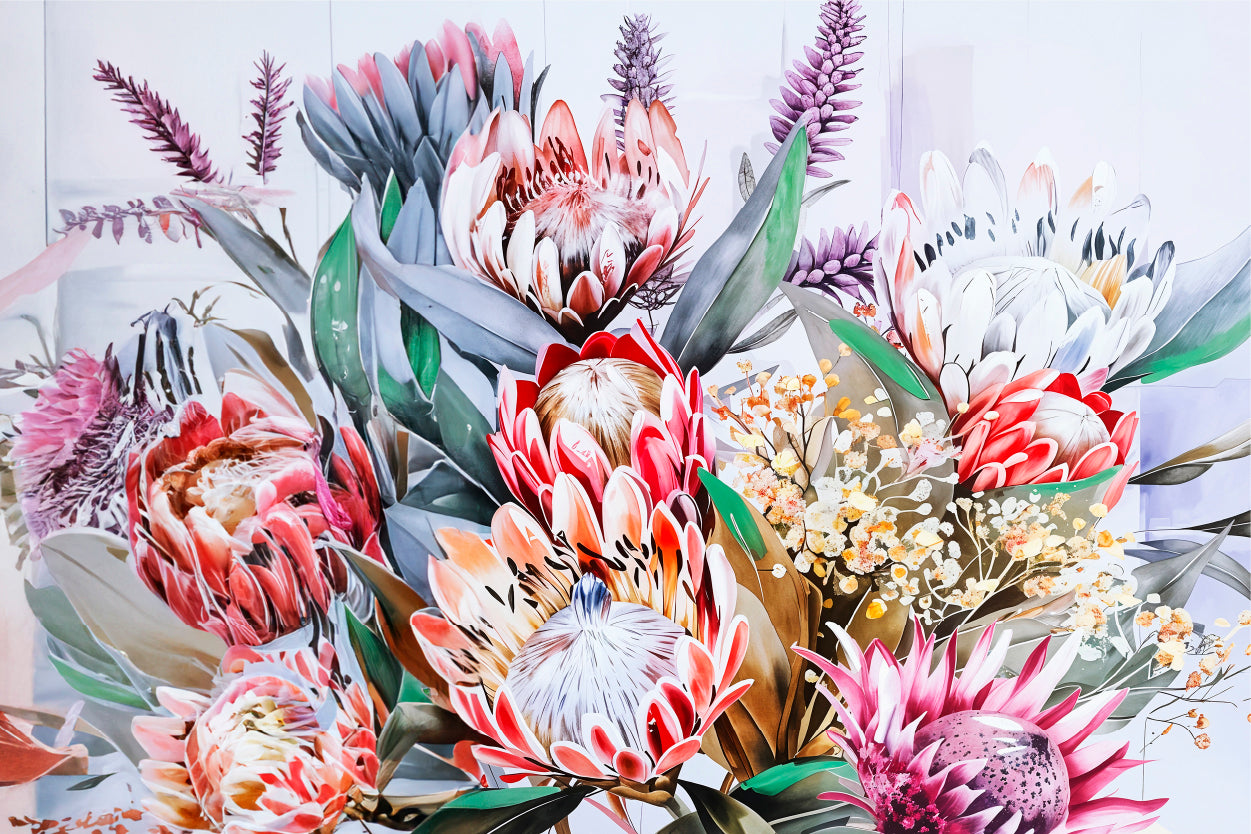 Neutral Protea Flowers Bouquet Close-Up Wall Art Decor 100% Australian Made