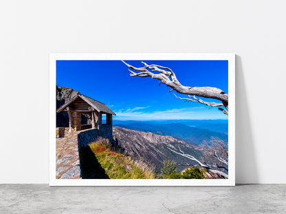 Hut On Top Of Mountain Blue Sky Glass Framed Wall Art, Ready to Hang Quality Print Without White Border White
