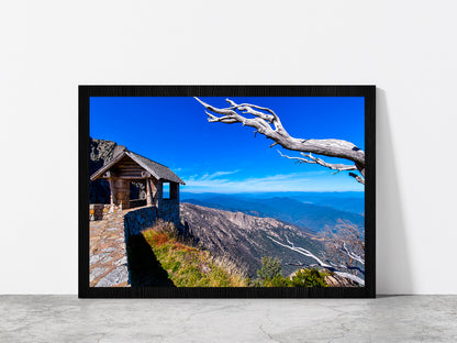 Hut On Top Of Mountain Blue Sky Glass Framed Wall Art, Ready to Hang Quality Print Without White Border Black