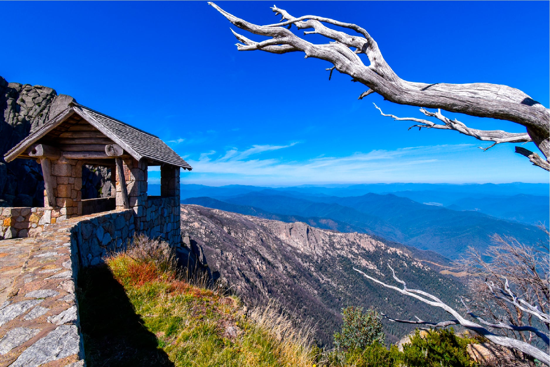 Hut On Top Of Mountain Blue Sky Glass Framed Wall Art, Ready to Hang Quality Print
