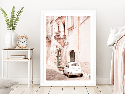 Vintage House Car Faded Photograph Glass Framed Wall Art, Ready to Hang Quality Print With White Border White