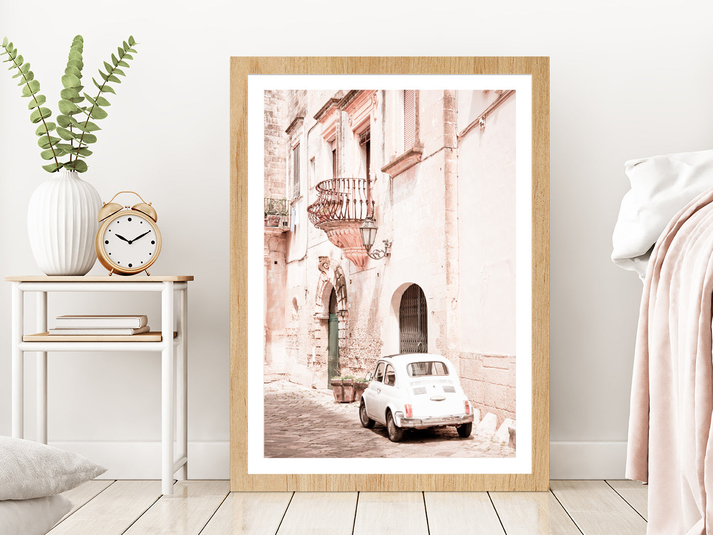 Vintage House Car Faded Photograph Glass Framed Wall Art, Ready to Hang Quality Print With White Border Oak