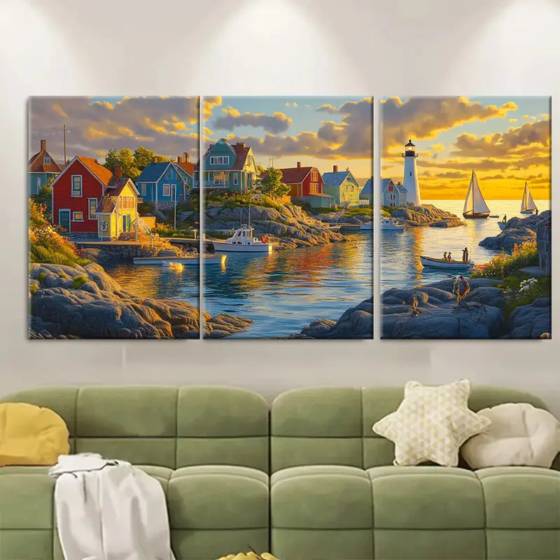 3pcs Canadian Maritime Coastal Sunset Wall Art Set Canvas Framed 50x70cm - High Quality Print 100% Australian Made Wall Canvas Ready to Hang