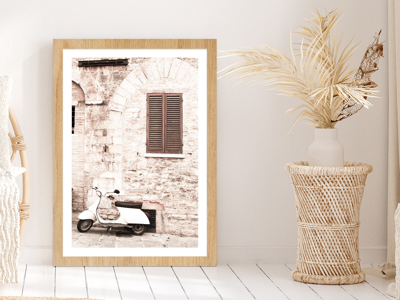 Vintage House Scooter Faded Photograph Glass Framed Wall Art, Ready to Hang Quality Print With White Border Oak