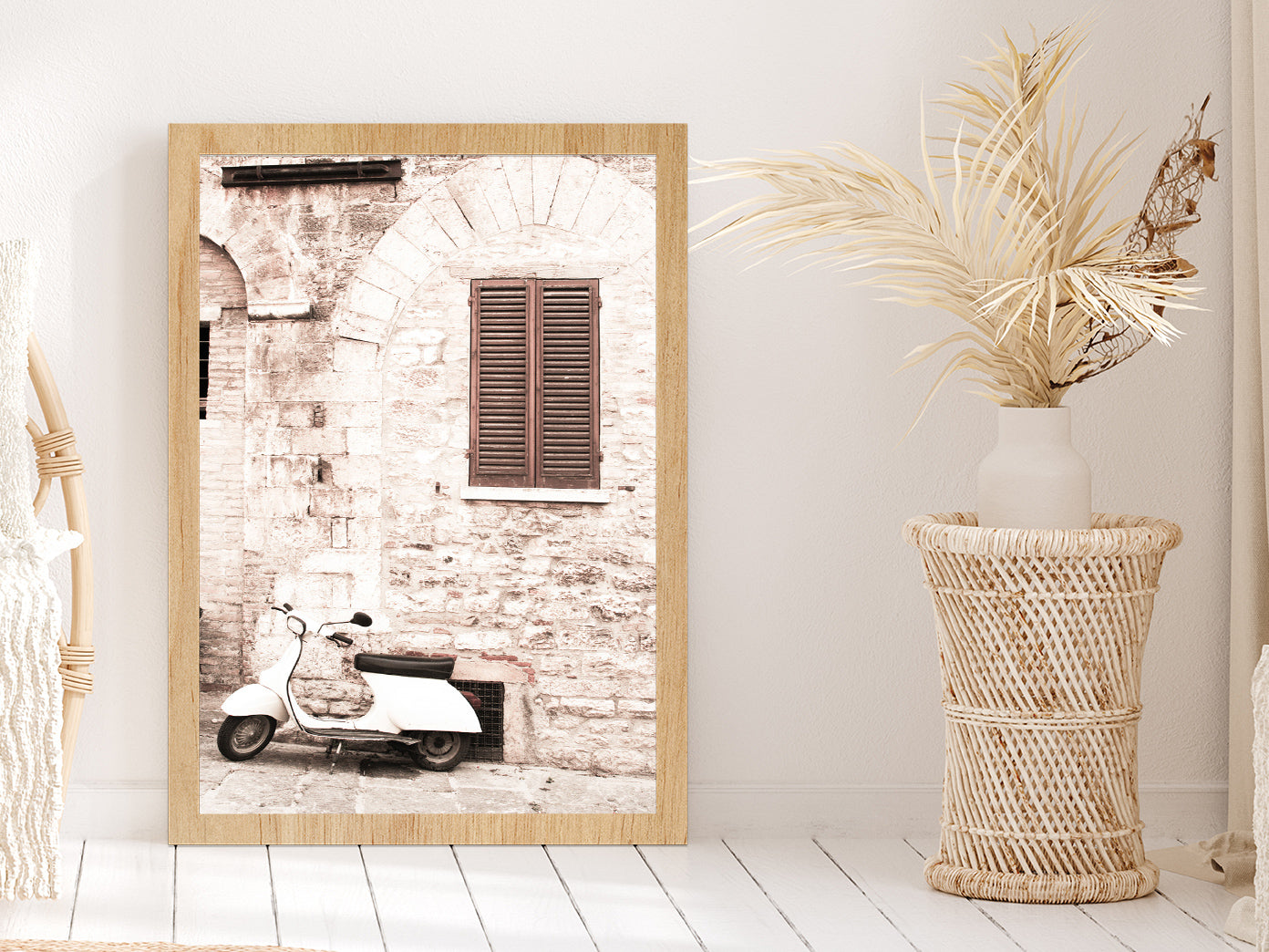 Vintage House Scooter Faded Photograph Glass Framed Wall Art, Ready to Hang Quality Print Without White Border Oak