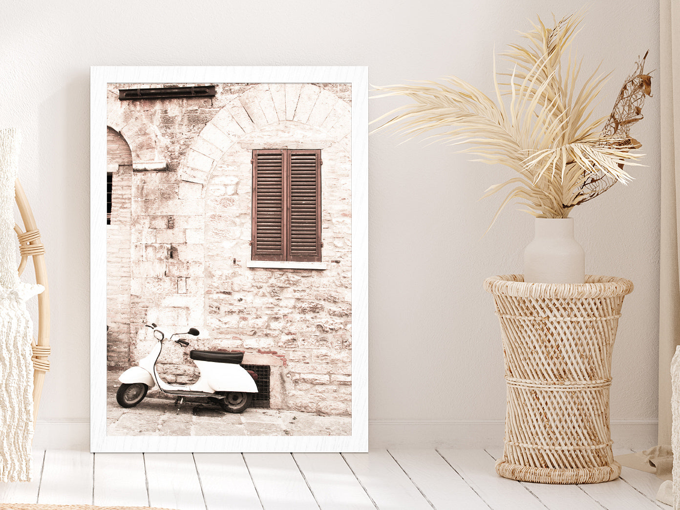 Vintage House Scooter Faded Photograph Glass Framed Wall Art, Ready to Hang Quality Print Without White Border White