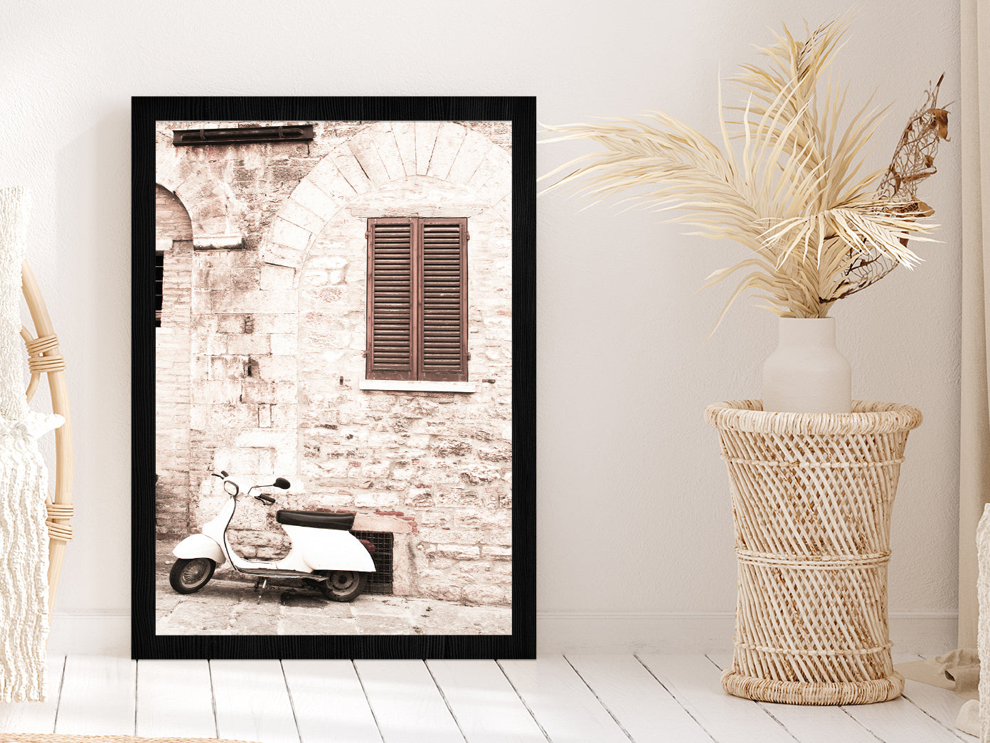 Vintage House Scooter Faded Photograph Glass Framed Wall Art, Ready to Hang Quality Print Without White Border Black