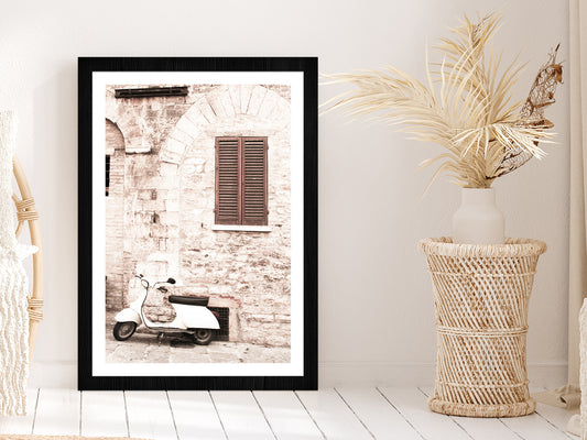 Vintage House Scooter Faded Photograph Glass Framed Wall Art, Ready to Hang Quality Print With White Border Black
