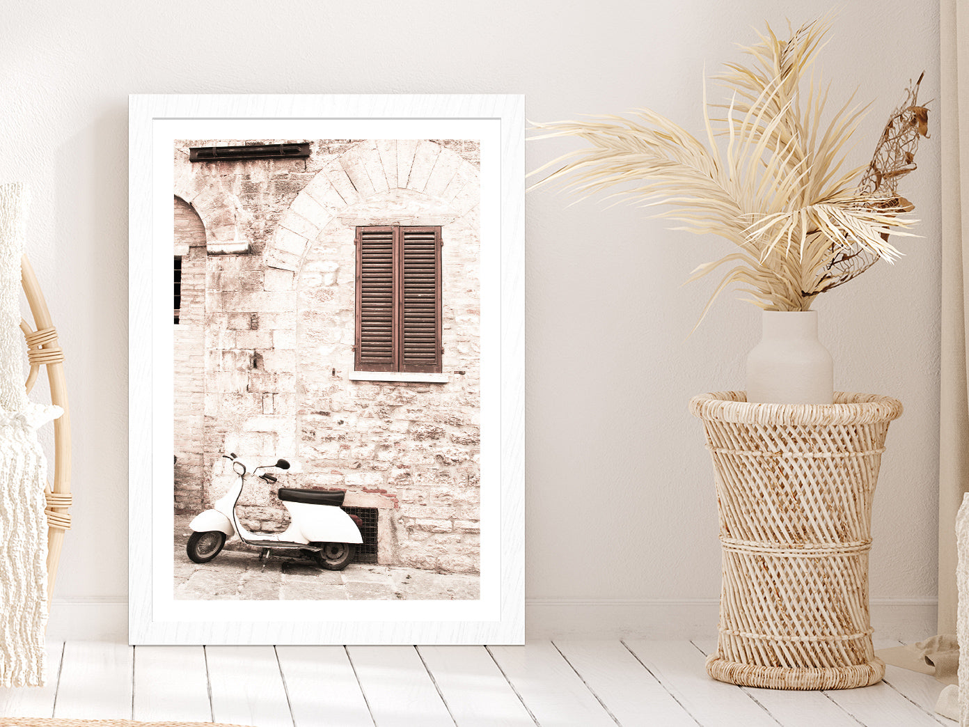 Vintage House Scooter Faded Photograph Glass Framed Wall Art, Ready to Hang Quality Print With White Border White