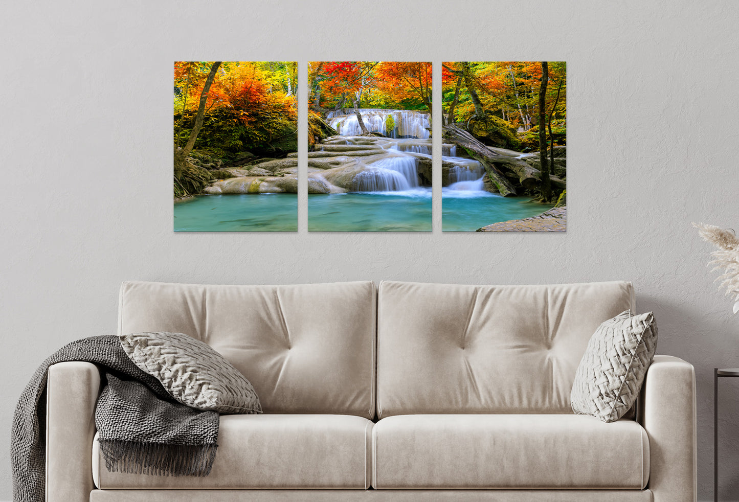 3pcs Waterfall Autumn Tree Forest Scenery Wall Art Set Canvas Framed 40x60cm - High Quality Print 100% Australian Made Wall Canvas Ready to Hang