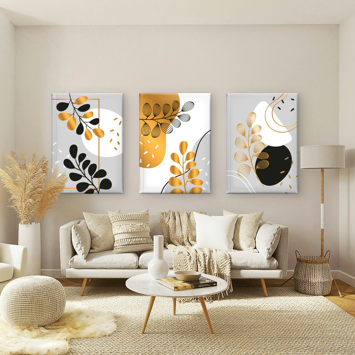 3pcs Modern Boho Gold Botanical Branches Trio Wall Art Set Canvas Framed 60x90cm - High Quality Print 100% Australian Made Wall Canvas Ready to Hang
