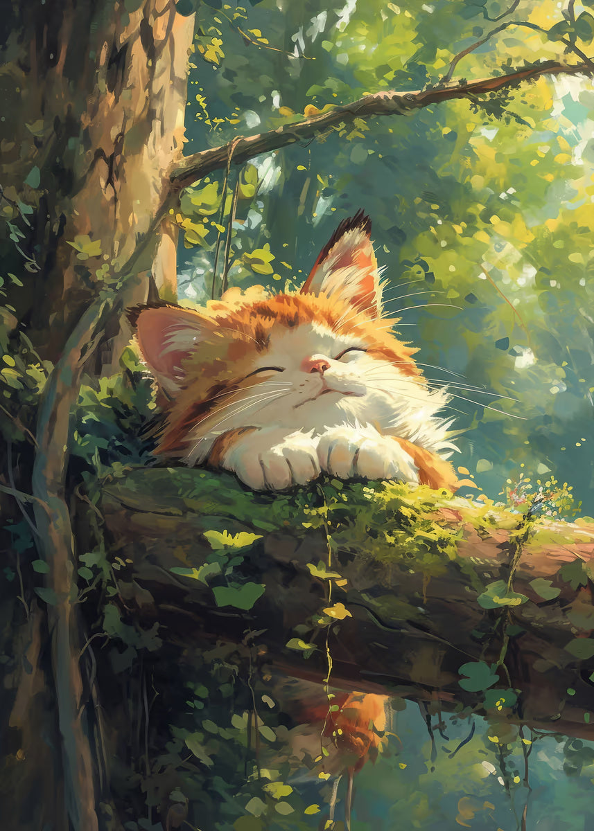 Ginger Tabby Cat Sleeping Tree 60x90cm Metal Print Ready to Hang