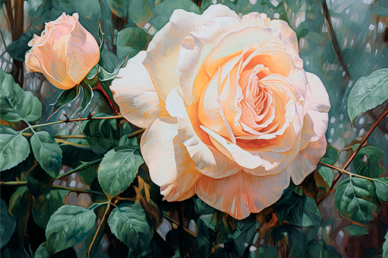 Creamy Apricot-Hued Rose in Full Bloom Oil Painting Wall Art Decor 100% Australian Made