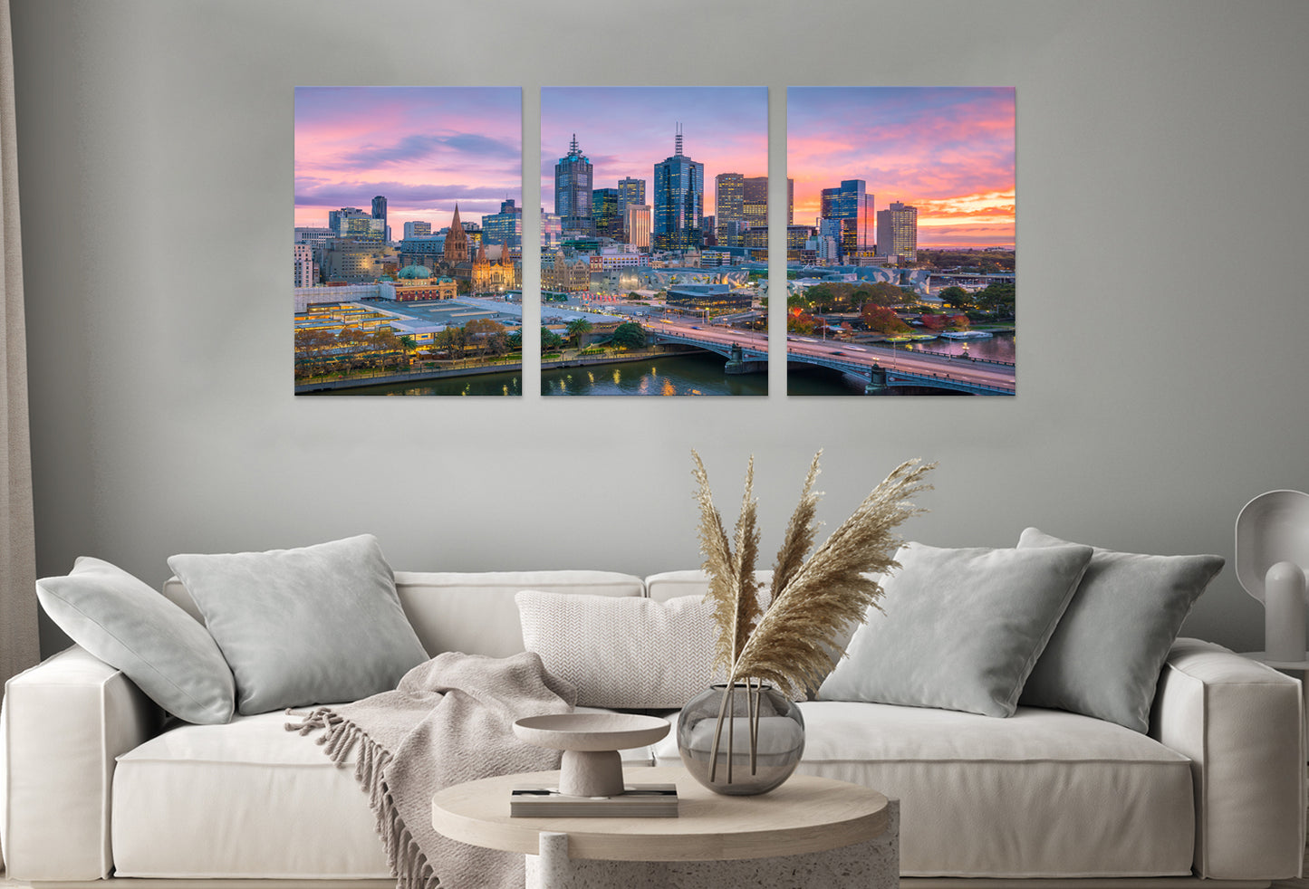 3pcs Melbourne Skyline Sunset Golden Hour Wall Art Set Canvas Framed 40x60cm - High Quality Print 100% Australian Made Wall Canvas Ready to Hang