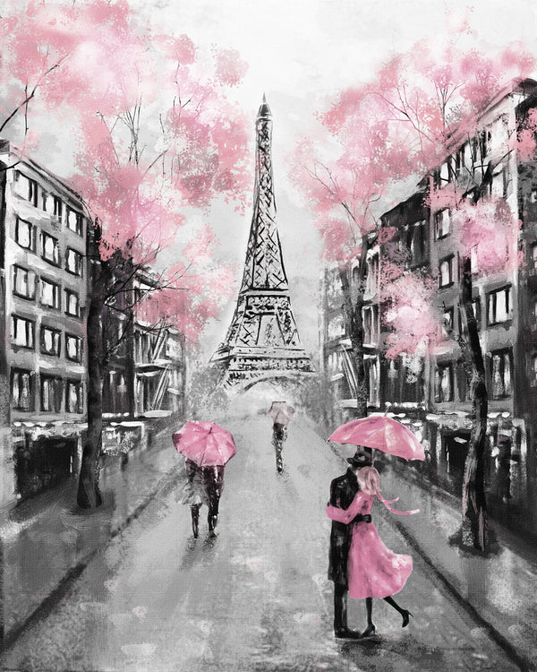 Eiffel Tower Street Couples Walking Floral Painting 60x90cm Print 100% Australian Made - Bella Home Decor