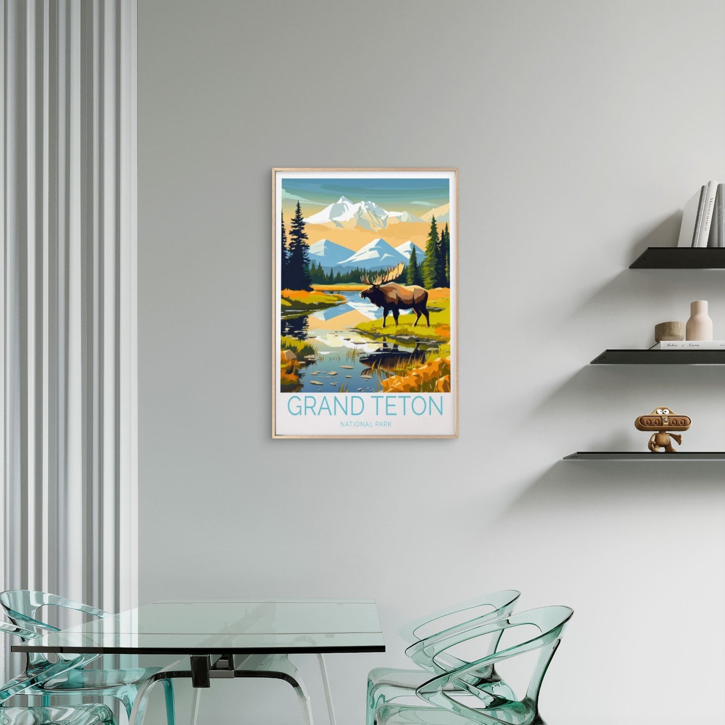 Grand Teton, River, Moose & Pine Forest Travel Poster Print Wall Art
