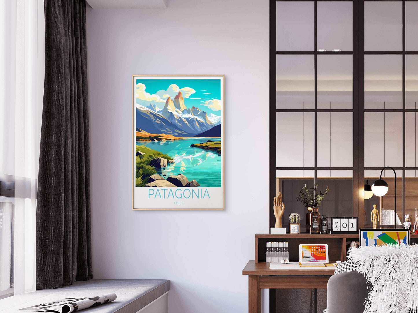 Patagonia Chile, River & Mountains Art Travel Poster Print Wall Art