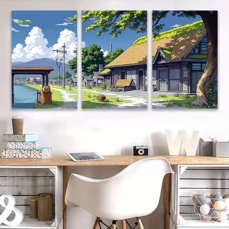 3pcs Countryside House & River View Landscape Wall Art Set Canvas Framed 60x90cm - High Quality Print 100% Australian Made Wall Canvas Ready to Hang