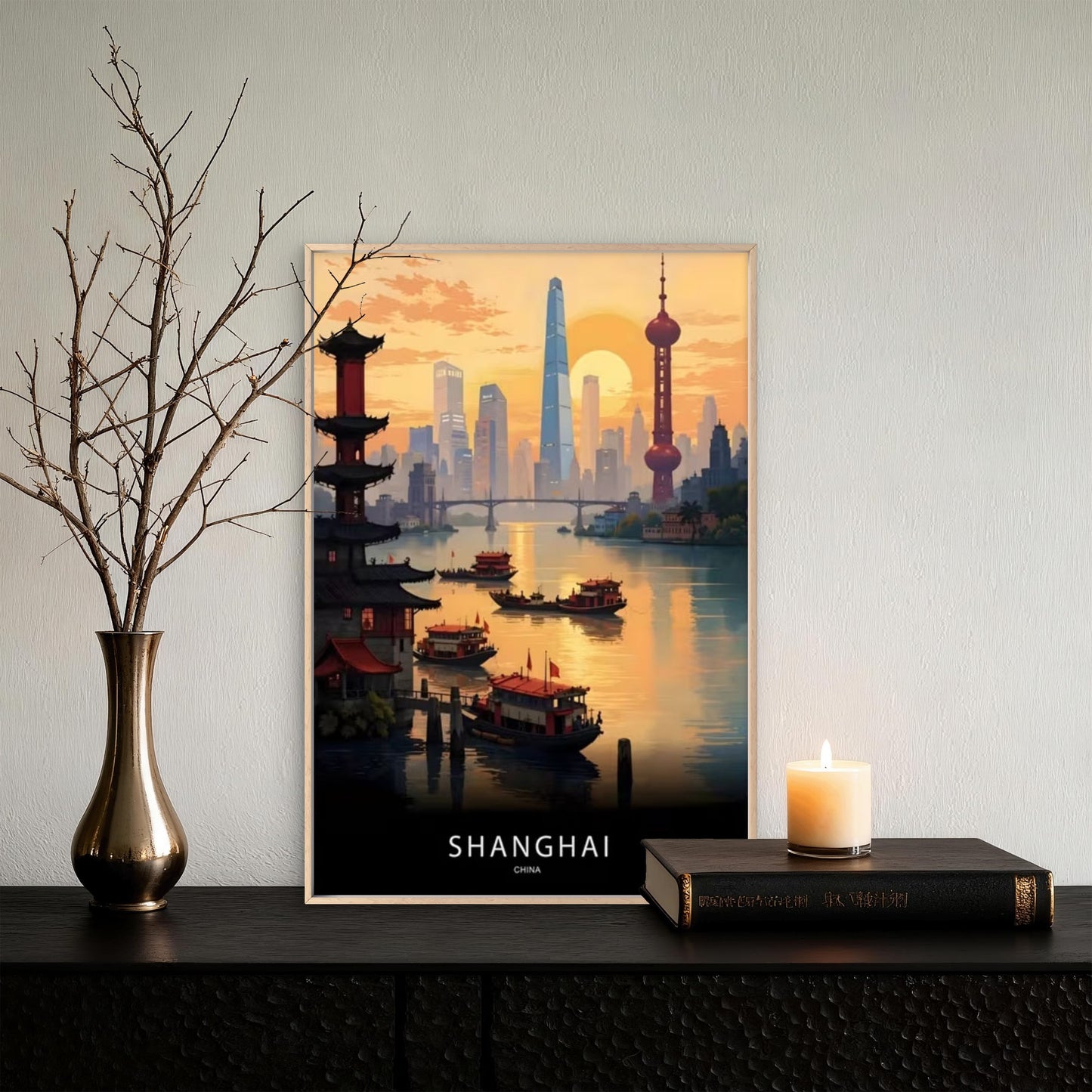 Shanghai China Skyline Ink Painting Travel Poster Print Wall Art