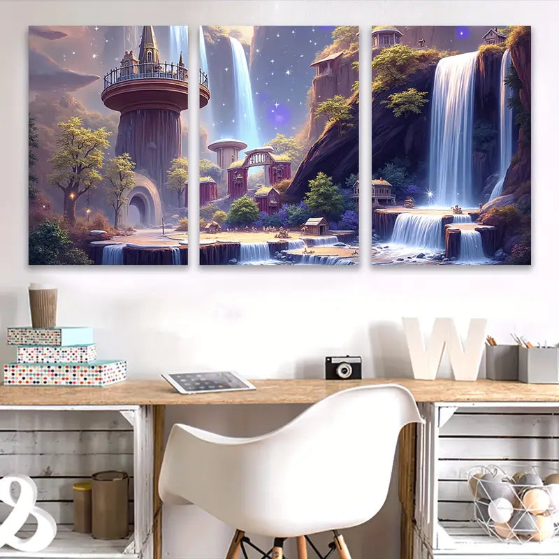 3pcs Fantasy Waterfall Forest Landscape Scene Wall Art Set Canvas Framed 60x90cm - High Quality Print 100% Australian Made Wall Canvas Ready to Hang