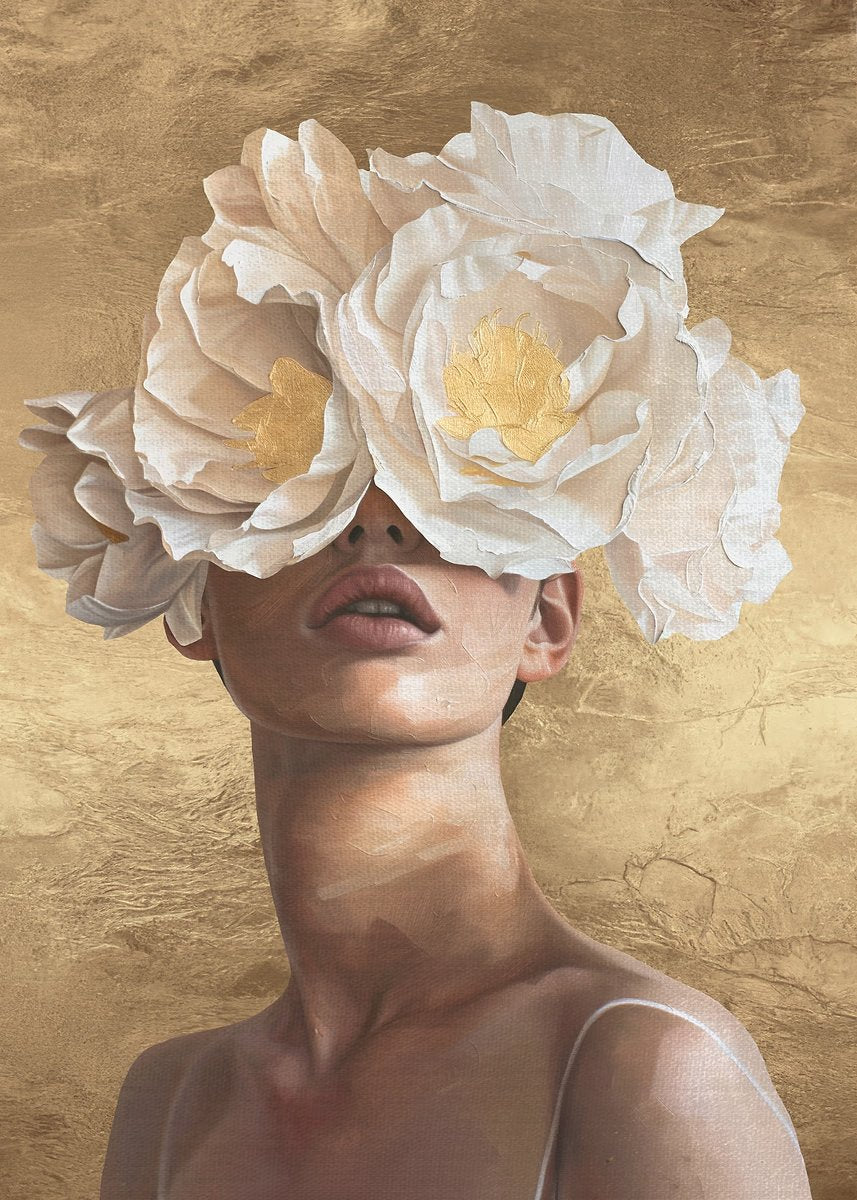 Gold White Floral Peony Woman Head Fashion Home Decor Premium Quality Poster Print Choose Your Sizes - Bella Home Decor